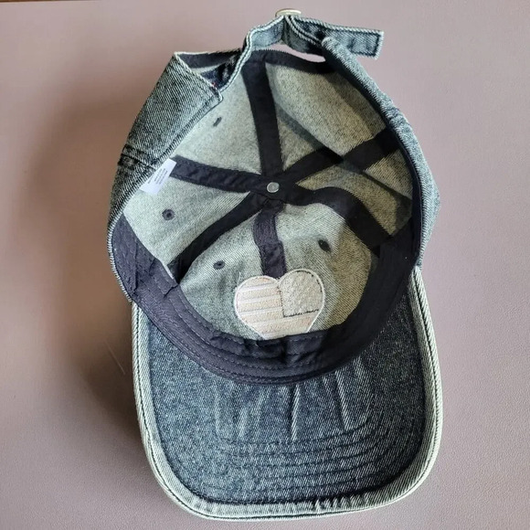 Mighty Fine Acid Wash Denim Embroidered‎ Heart American Flag Baseball Cap Hat - Picture 7 of 7